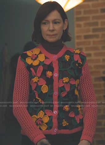 Elsbeth’s pink floral crochet cardigan on Elsbeth