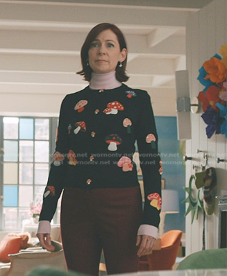 Elsbeth’s black mushroom cardigan on Elsbeth