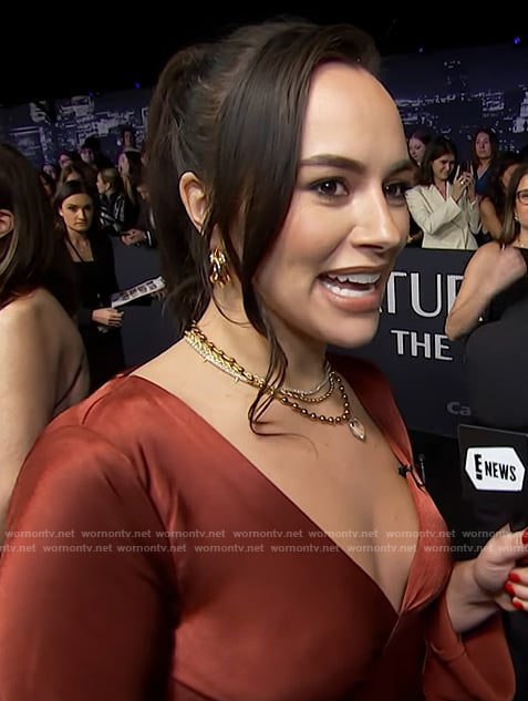 Emily Curl’s satin v-neck dress on E! News