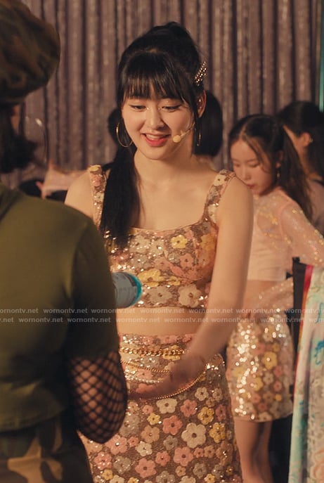 Eugine’s floral sequin crop top and mini skirt on XO Kitty