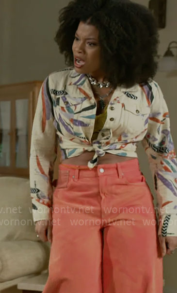 Eva’s feather print shirt and orange wide leg jeans on Beyond the Gates