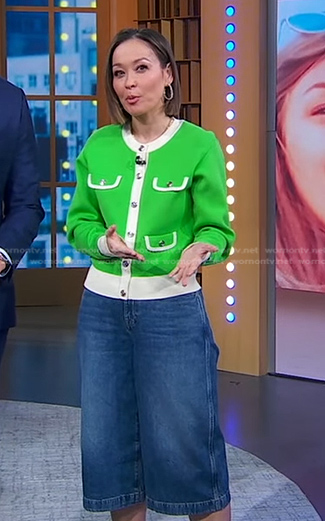 Eva’s green cardigan jacket and denim Culottes on Good Morning America