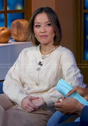 Eva’s ivory cable knit cardigan on Good Morning America