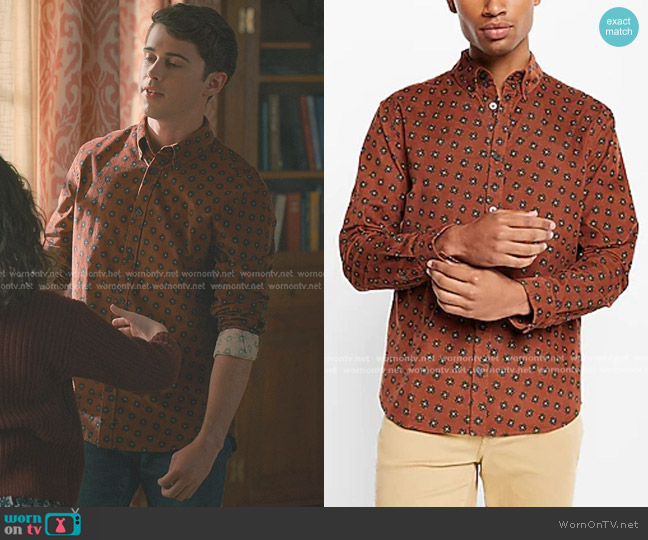 Express Geo Print Stretch Corduroy Shirt worn by Kyle Townsend (Logan Allen) on Sweet Magnolias