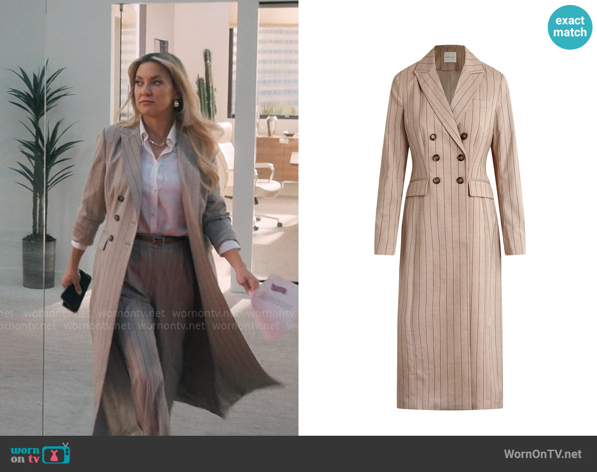 Favorite Daughter The Meyer Double-Breasted Coat in Natural Pinstripe worn by Isla Gordon (Kate Hudson) on Running Point