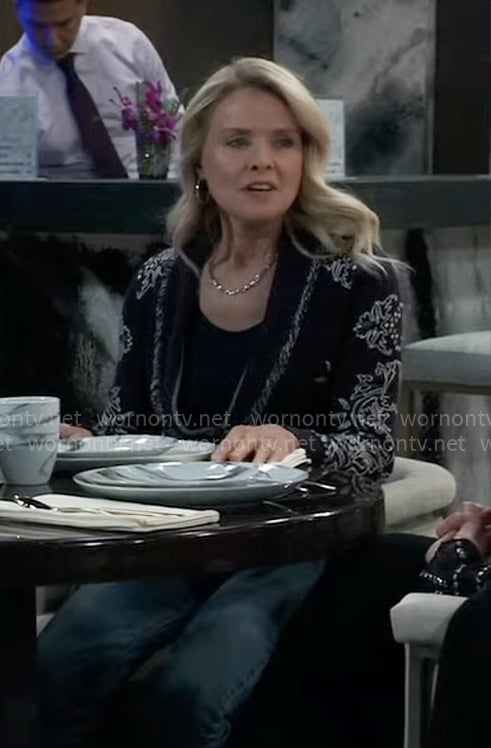 Felicia’s printed fringed collar sweater on General Hospital