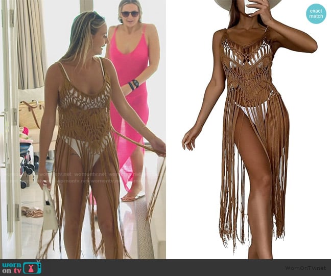 Floerns Fringe Crochet Kimono Coverup worn by Taylor Ann Green on Southern Charm