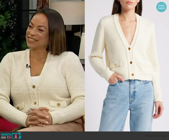 Frame Double Pocket Crop Cardigan worn by Daphnee Duplaix on Access Hollywood