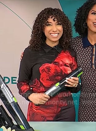 Gabrielle Kerr’s black and red floral shirt and pants set on CBS Mornings