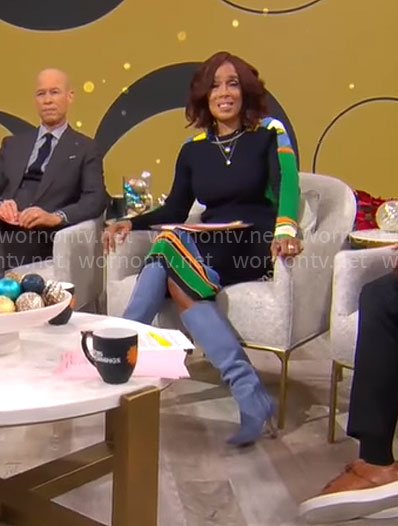 Gayle King’s navy striped sweater and skirt set on CBS Mornings