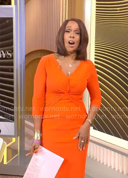 Gayle King’s orange twist front dress on CBS Mornings