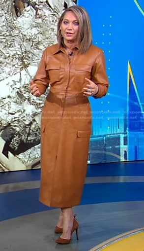 Ginger’s brown leather shirtdress on Good Morning America