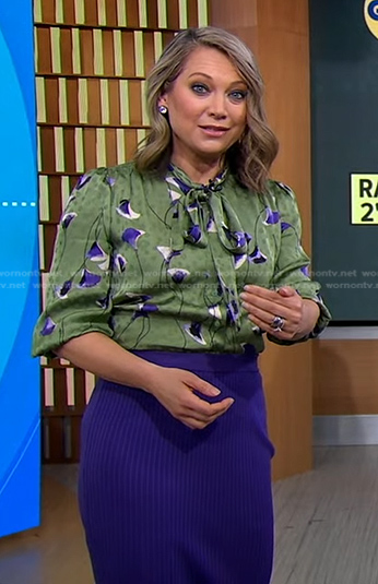 Ginger’s green floral blouse and purple knit skirt on Good Morning America