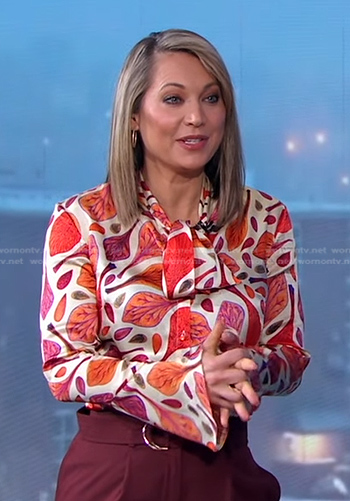 Ginger’s leaf print tie neck blouse on Good Morning America