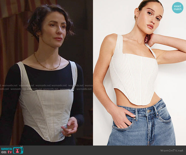 Good American Poplin Corset Top in Putty pencil stripe003 worn by Sarah Horton (Linsey Godfrey) on Days of our Lives