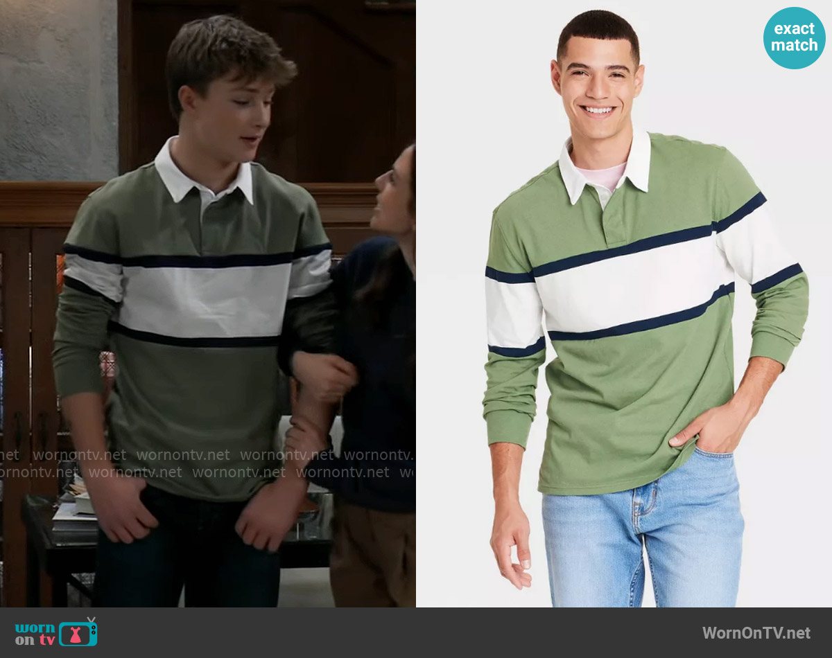 Goodfellow & Co Long Sleeve Rugby Polo Shirt in Green worn by  Danny Morgan (Asher Jared Antonyzyn) on General Hospital