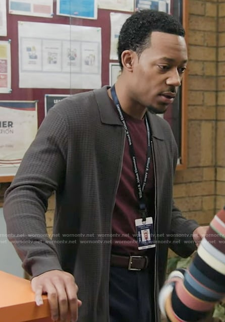 Gregory’s textured zip cardigan on Abbott Elementary
