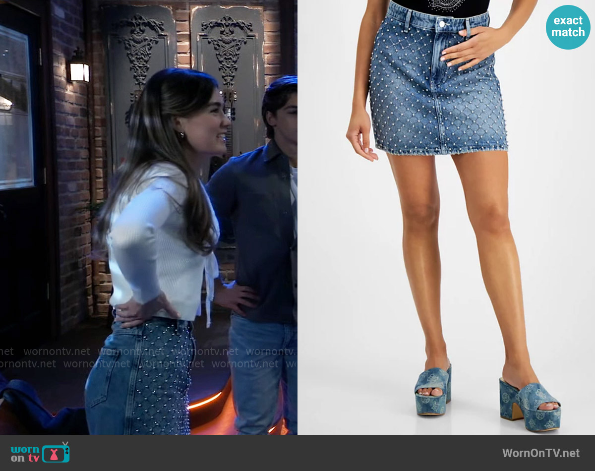 Guess Carol Cotton Embellished Mini Denim Skirt worn by Emma Scorpio-Drake (Braedyn Bruner) on General Hospital