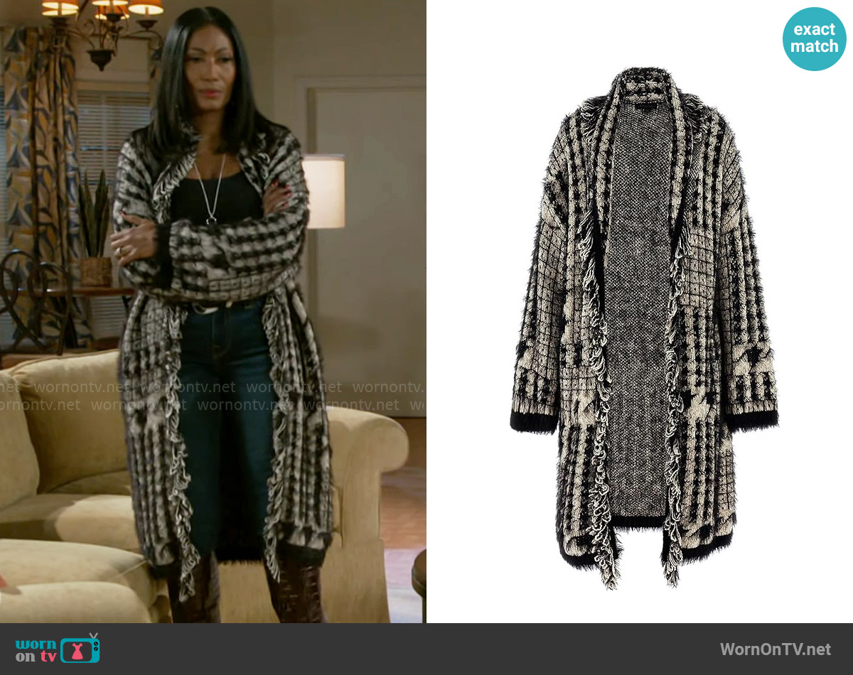 Guess Fringed Patchwork Lee Cardigan worn by Dana 'Leslie' Thomas (Trisha Mann-Grant) on Beyond the Gates