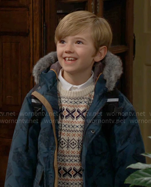 Harrison’s teal printed coat on The Young and the Restless