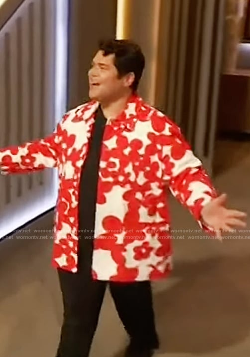 Harvey Guillen’s red floral print jacket on The Drew Barrymore Show