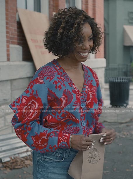 Helen’s blue floral print cardigan on Sweet Magnolias