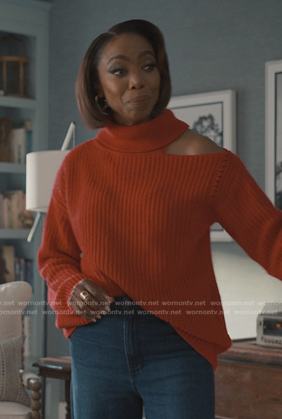 Helen’s red knit cold shoulder sweater on Sweet Magnolias