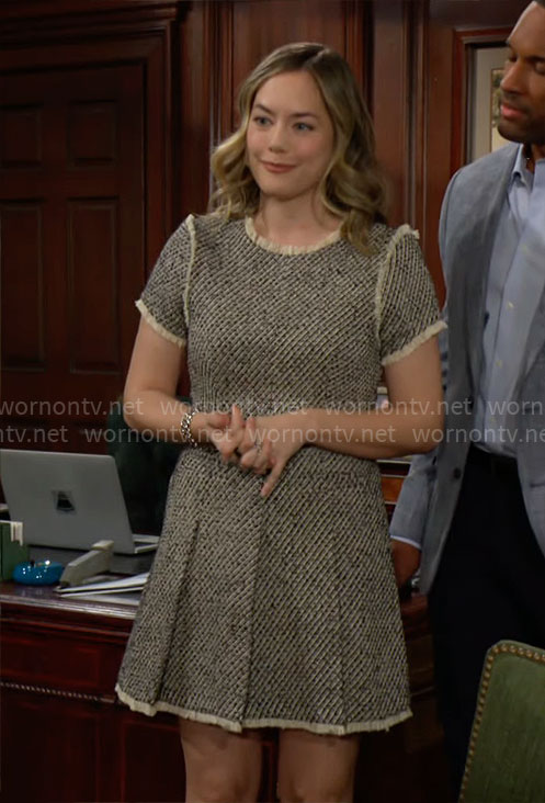 Hope’s black and cream tweed dress on The Bold and the Beautiful