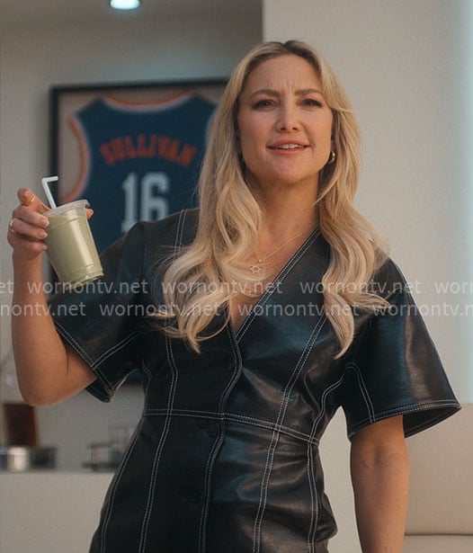 Isla’s black leather button front dress on Running Point