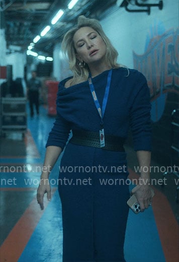 Isla’s blue off-shoulder knit top and skirt set on Running Point