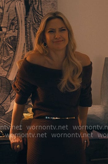 Isla’s brown off-shoulder sweater dress on Running Point