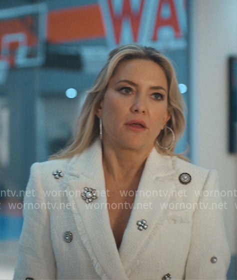 Isla’s white embellished tweed blazer dress on Running Point