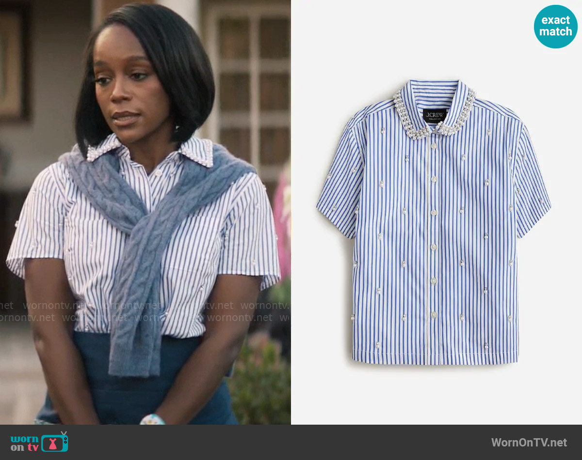 J. Crew Collection cropped short-sleeve shirt in stripe with pearl details worn by Catherine (Aja Naomi King) on Grosse Pointe Garden Society