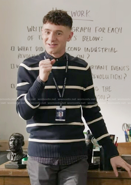 Jacob’s blue stripe sweater on Abbott Elementary