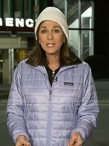 Janet Shamlian’s lilac puffer jacket on CBS Evening News
