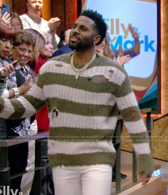 Jason Derulo’s stripe distressed knit sweater on Live with Kelly and Mark