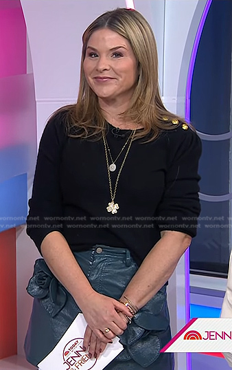 Jenna’s black button shoulder sweater and teal leather skirt on Today