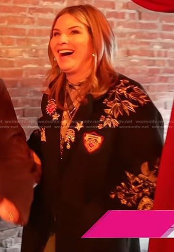 Jenna’s plaid top and black patch embellished coat on Today