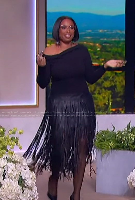 Jennifer’s black off shoulder top and pleated skirt on The Jennifer Hudson Show
