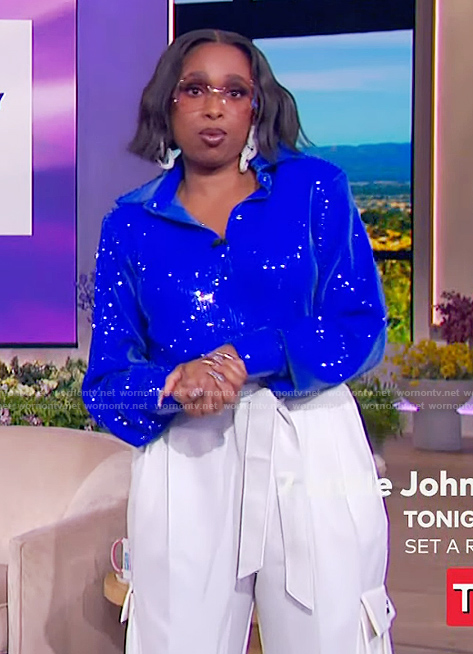 Jennifer’s blue metallic blouse and pants on The Jennifer Hudson Show