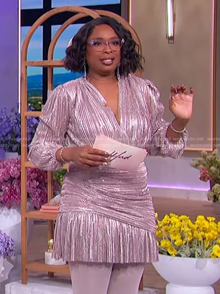 Jennifer’s pink metallic wrap dress on The Jennifer Hudson Show