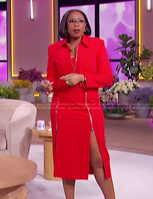 Jennifer’s red zip front jacket and skirt on The Jennifer Hudson Show