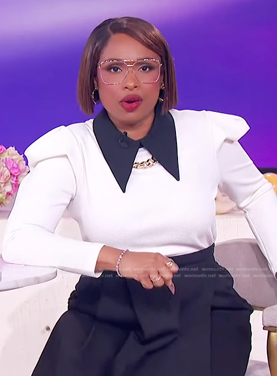 Jennifer’s white puff sleeve contrast top on The Jennifer Hudson Show