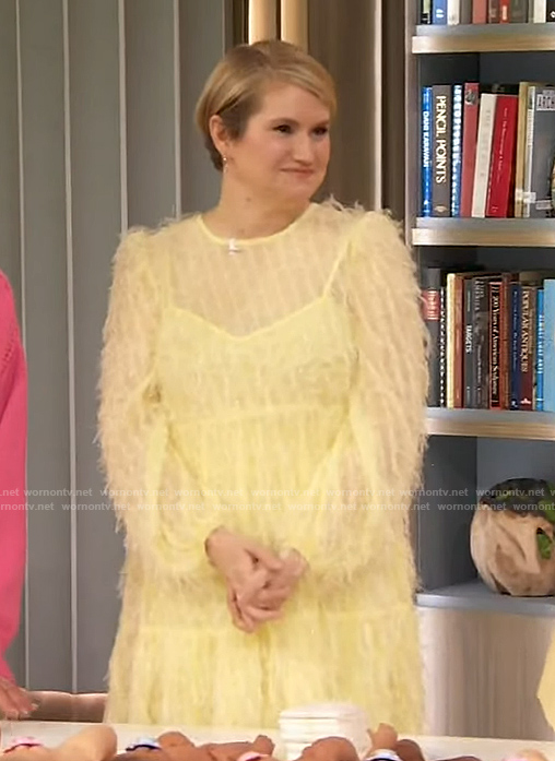 Jillian Bell’s yellow feather midi dress on The Drew Barrymore Show