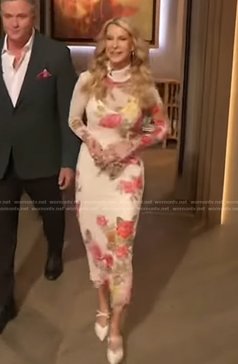 Joan Vassos’s floral print mesh dress on The Drew Barrymore Show