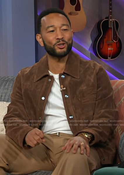 John Legend’s brown suede jacket on The Kelly Clarkson Show