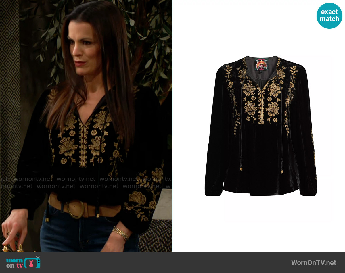 Johnny Was Naomi Embroidered Velvet Tieneck Blouse worn by Chelsea Lawson (Melissa Claire Egan) on The Young and the Restless