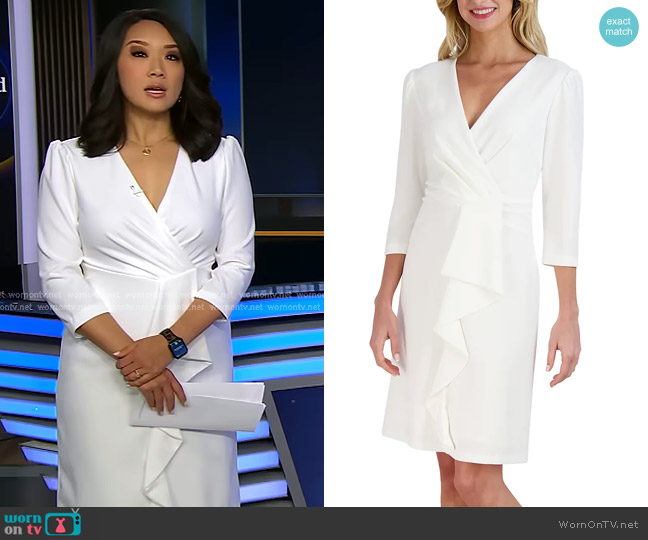 Julia Jordan Pleated Ruffled-Front Sheath Dress in Ivory worn by Nancy Chen on CBS Evening News