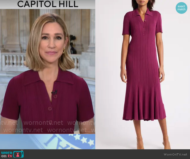 Julia Jordan Rib Short Sleeve Midi Sweater Dress in Burgundy worn by Caitlin Huey-Burns on CBS Mornings