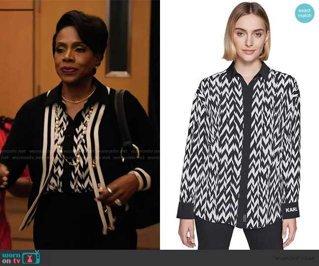 Karl Lagerfeld Paris Printed Contrast-Trim Button-Front Top worn by Barbara Howard (Sheryl Lee Ralph) on Abbott Elementary